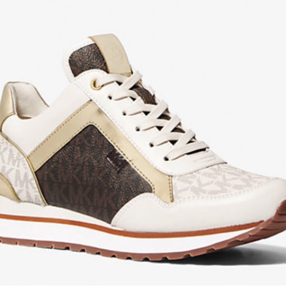 Michael Kors Women's Maddy Two-Tone Gold and Brown Logo Trainers Sz 10